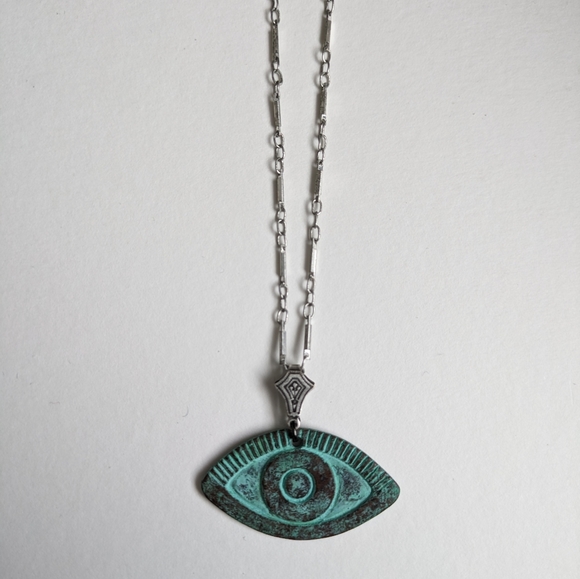 Green and Blue evil eye protection necklace, Handpainted patina eye necklace - Picture 5 of 9